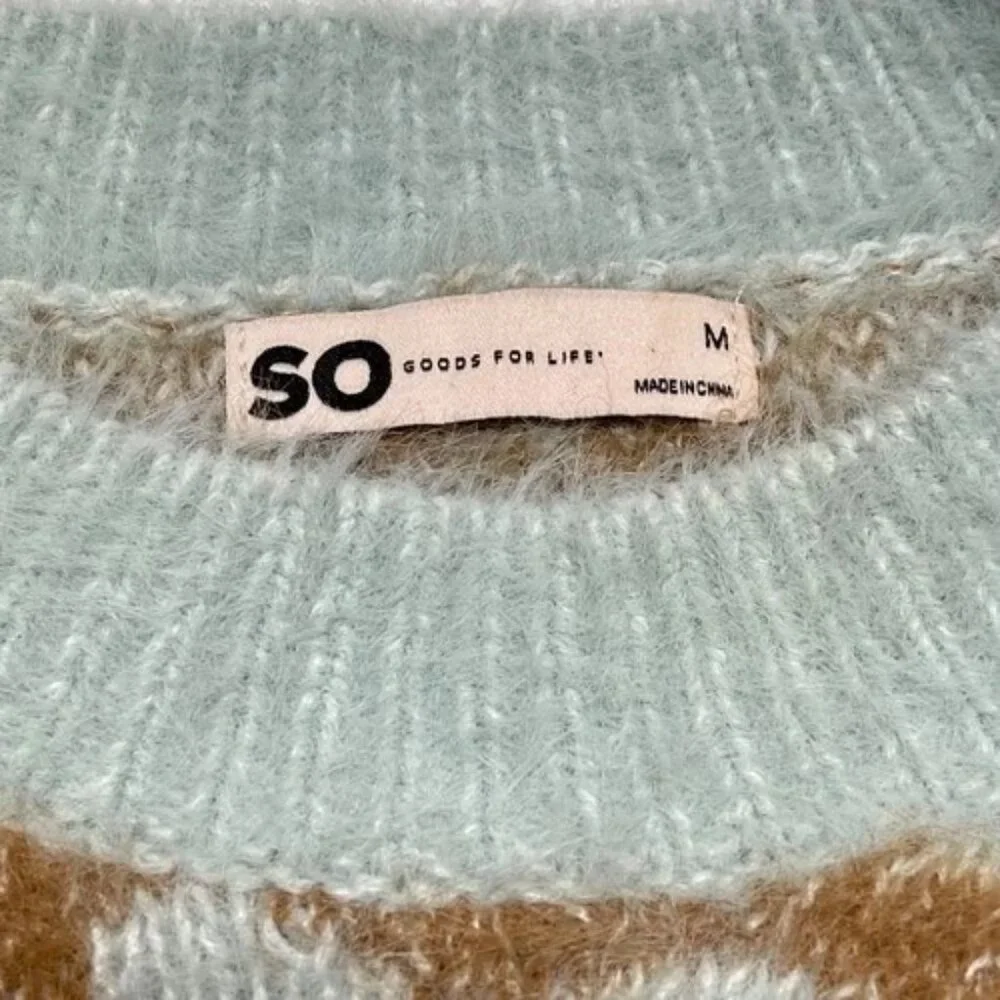 SO Fuzzy Sweater Women Med Mint + Brown‎ Floral Crop Goods For Life Long Sleeve